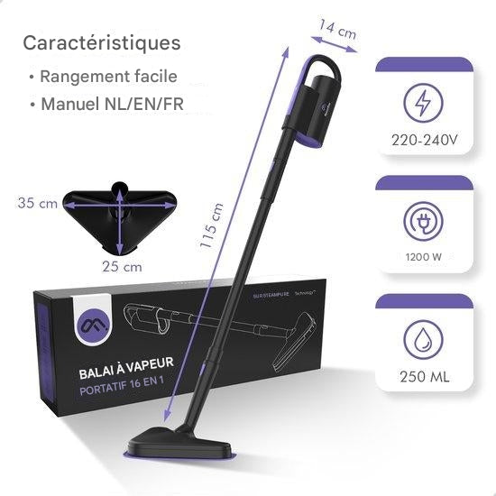 Nettoyeur vapeur - Motionflow - 16 en 1 - Balai vapeur - Nettoyage en profondeur multi surface - Noir