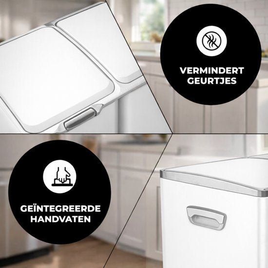 Bayt Poubelle - Poubelle 60 litres - Poubelle 60 litres - Poubelle à pédale 60 litres - Poubelle tri sélectif - Poubelle 3 compartiments - Poubelle - inox - Blanc
