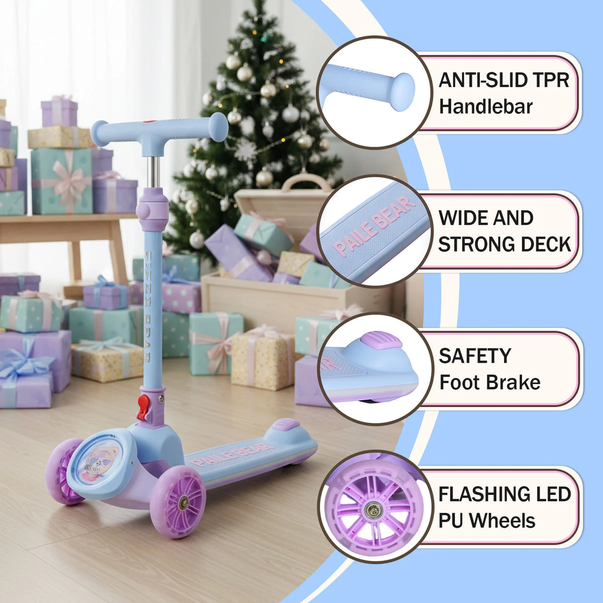 Trottinette pour enfants Neuleb KS001 - 3 roues avec éclairage LED - Guidon réglable - Repose-pieds large et antidérapant - Pour les enfants de 3 à 10 ans