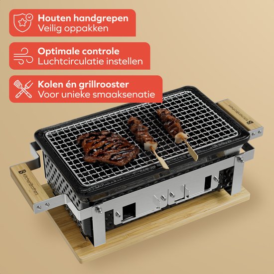 KitchenBrothers Kamado Hibachi Grill - Sans PFAS - Avec grille et bâtons - Barbecue au charbon de bois - Grill de table Shichirin - Barbecue rectangulaire - Barbecue en céramique - Noir