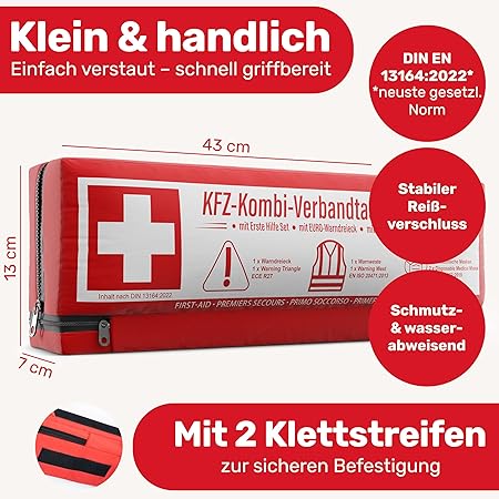 Car combi bag (3 en 1) selon la norme actuelle 2026 - y compris triangle de signalisation, gilet de sécurité - kit de premiers secours triangle de signalisation set kit de premiers secours voiture DIN 13164:2022 (conformément au code de la route allemand)