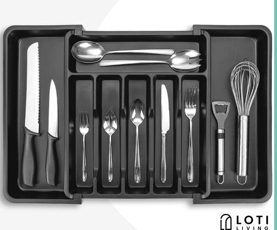 Loti Living Range-couverts - Organisateur coulissant pour tiroir à couverts - Plastique - Noir - Réglable de 33,3 à 56,7 cm de large - 38 cm de profondeur