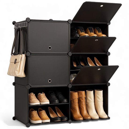 Meuble de rangement pliable Goliving - 24 paires - 92 x 82 cm - Meuble à chaussures - Meuble à chaussures avec portes - Banc à chaussures - Noir