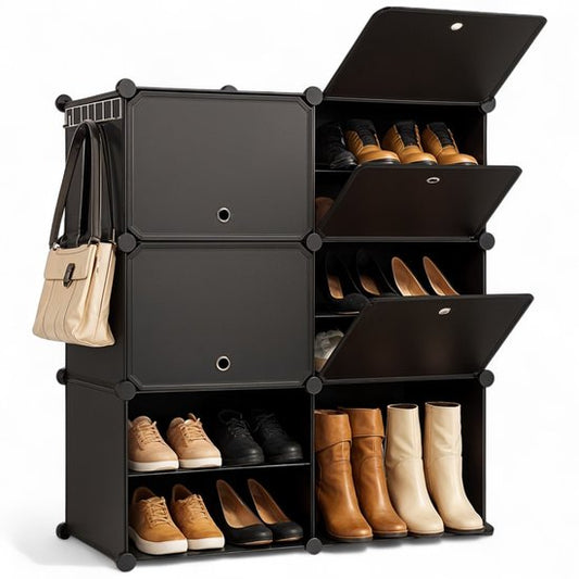 Meuble de rangement pliable Goliving - 24 paires - 92 x 82 cm - Meuble à chaussures - Meuble à chaussures avec portes - Banc à chaussures - Noir