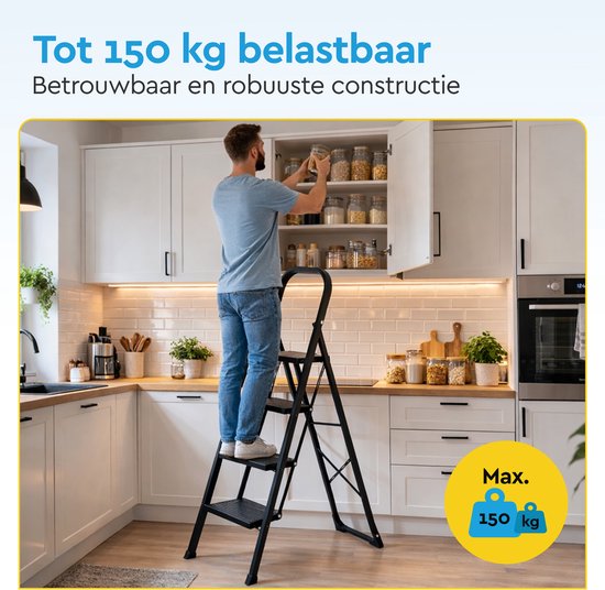 BRASQ Échelle ménagère 4 marches noire - Échelle de cuisine en métal pliable pour usage privé et professionnel - Échelle - Antidérapante