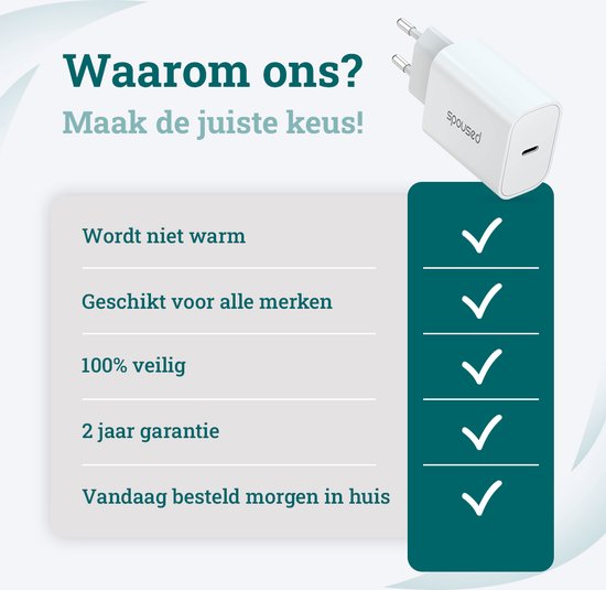 Spoused Adaptateur USB C 20W - Chargeur rapide - Pour iPhone et Samsung - Blanc