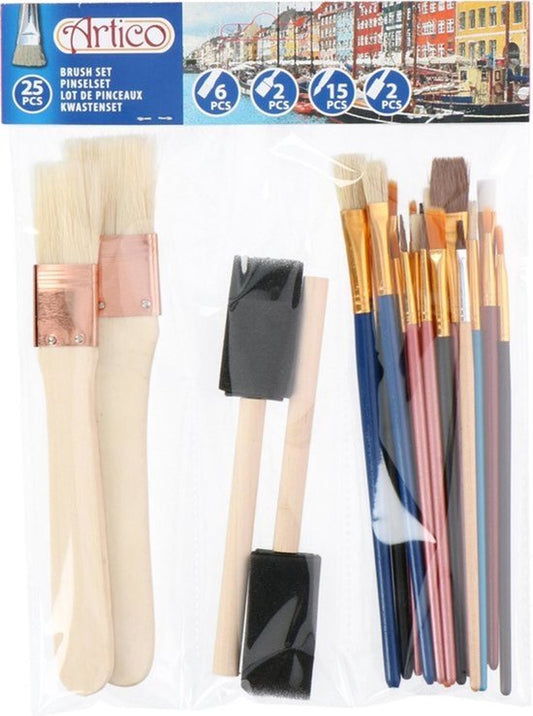 Set de pinceaux Artico - 25 pièces - Convient à différents types de peinture - Facile à nettoyer - Bois