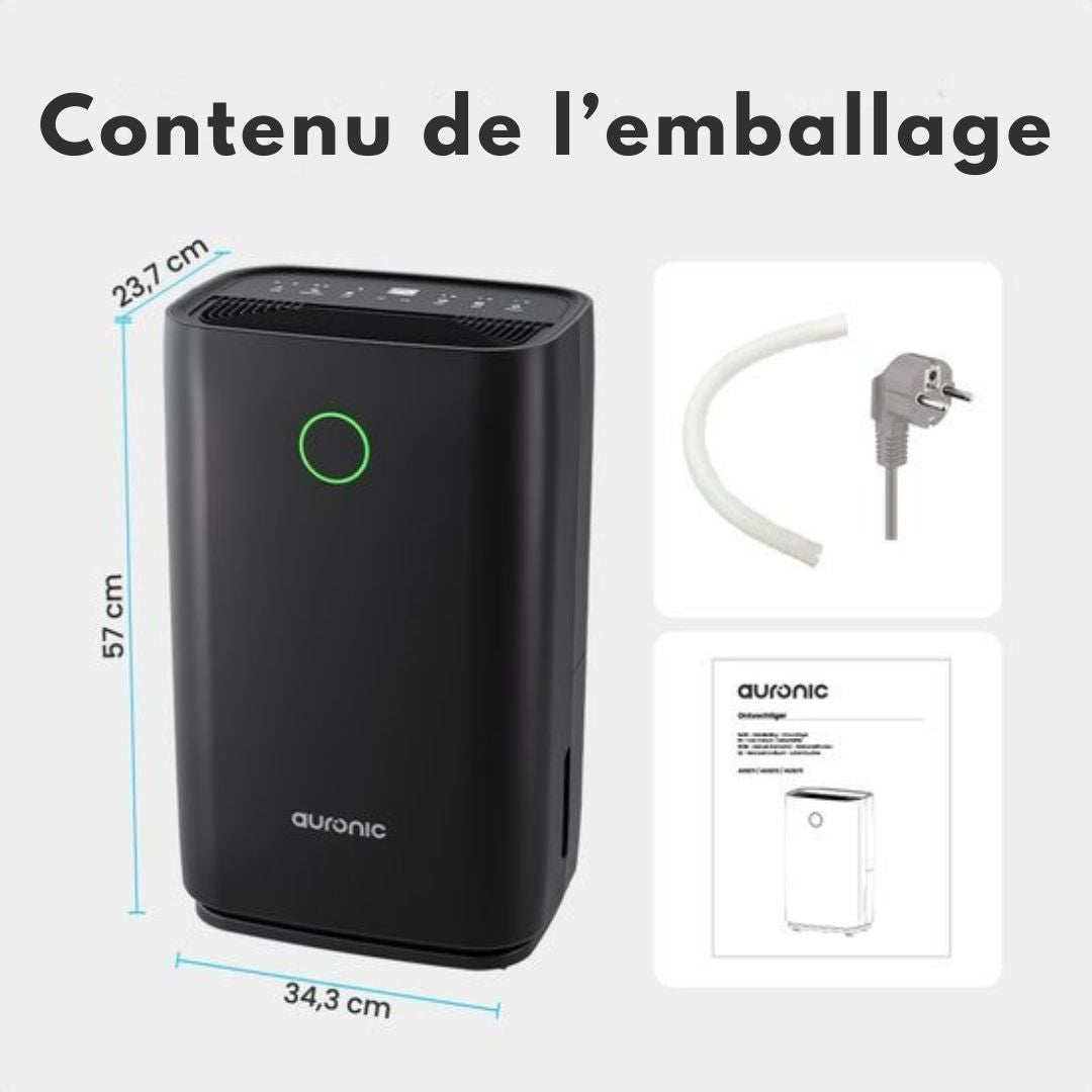 Déshumidificateur Auronic - Série compacte - 20L par jour - Fonction Lavage-Séchage - Chambre à coucher, salle de bain et salon - Élimination de l'humidité pour la maison - Noir