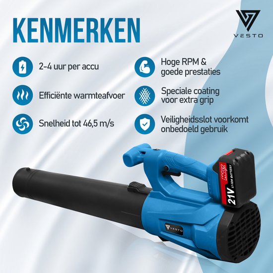 Souffleur de feuilles sans fil Vesto® - Souffleur de feuilles compact et sans fil pour le jardin et l'allée - Léger et puissant - Convient pour les feuilles et les déchets de jardin - Chargeur inclus