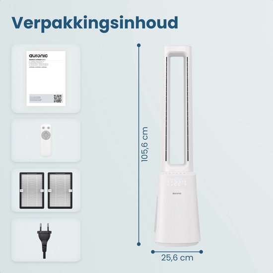 Ventilateur colonne Auronic - Modèle sans pales 2 en 1 - Purificateur d'air avec filtre HEPA - Ventilateur - 10 vitesses - Télécommande - 105 cm - Blanc