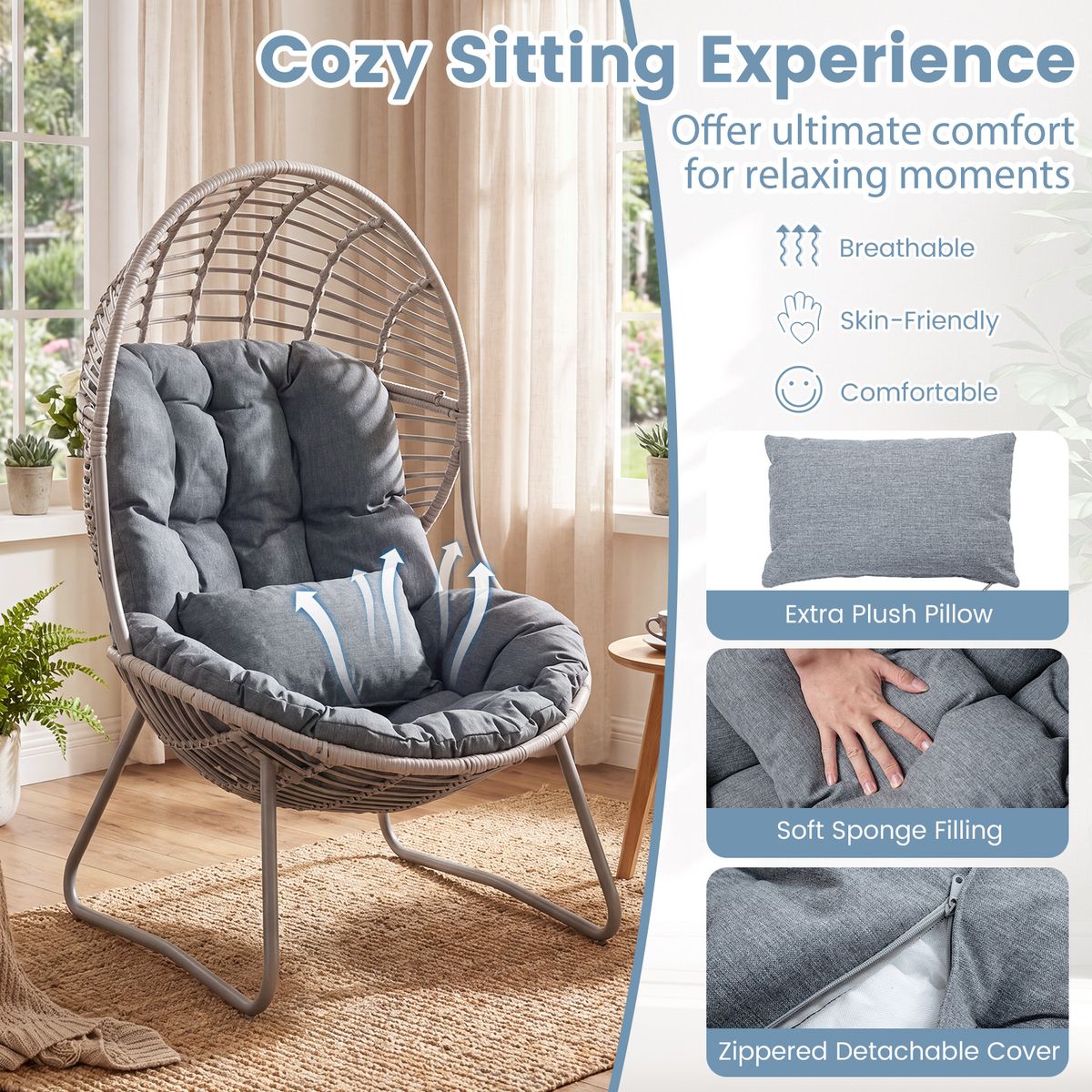 Fauteuil Coast en rotin - design en forme d'œuf - coussins amovibles - gris