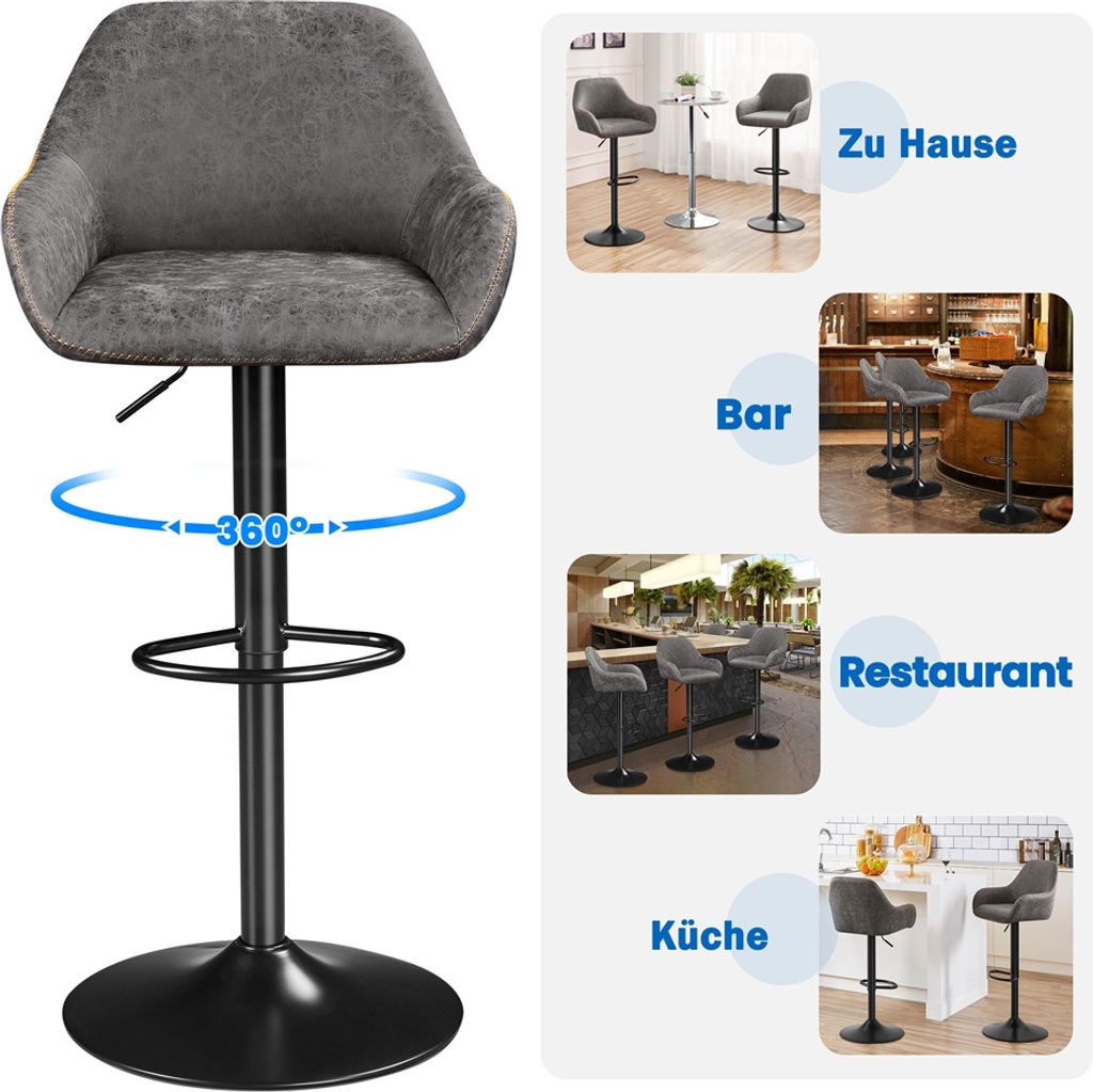 Lot de 2 tabourets de bar Yaheetech avec dossier - Pivotants à 360° - Réglables en hauteur de 87,5 à 107,5 cm - Simili cuir et métal - Gris