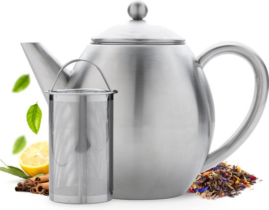 Vaja® Théière Valerie en acier inoxydable - Théière - Théière avec filtre - Théière - Théière à double paroi - Théière avec réchauffeur - Théière en acier inoxydable - 1,2 litre