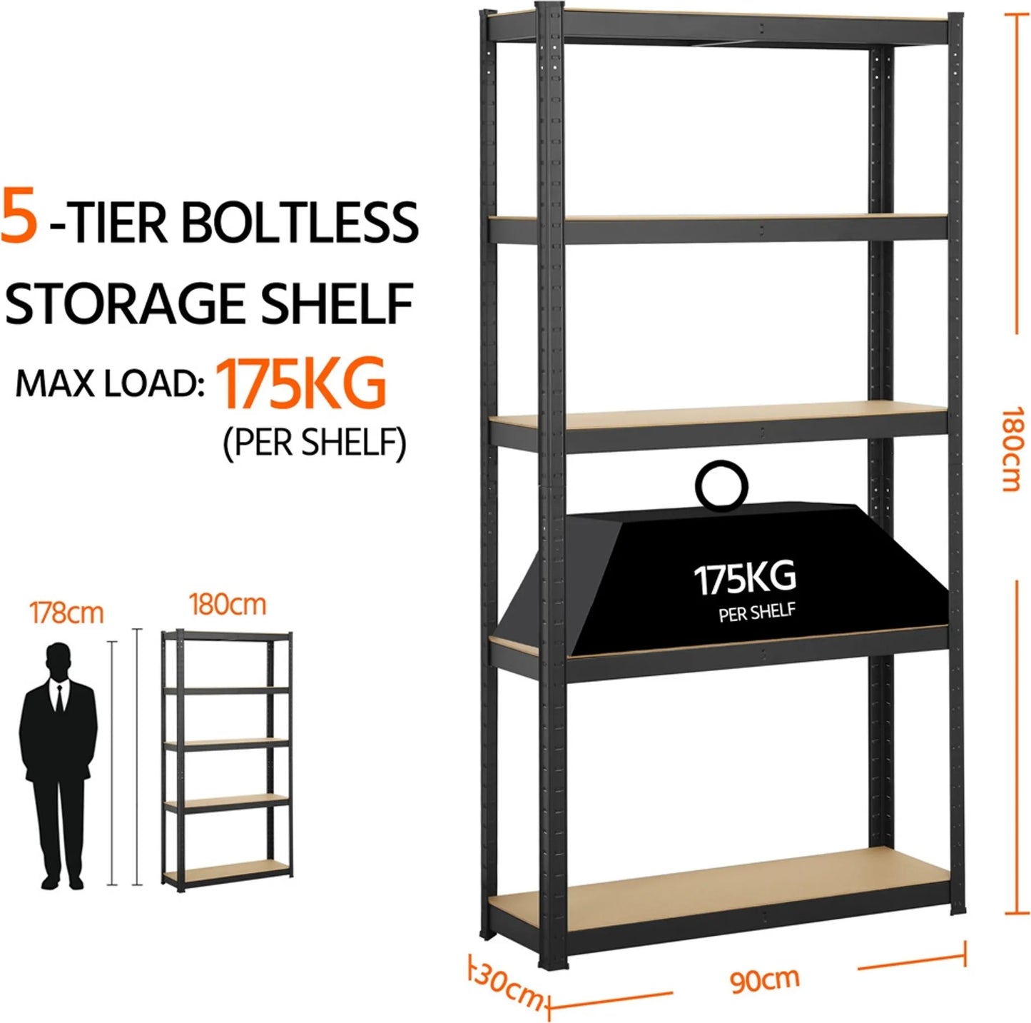 Yaheetech Armoire à rayonnages avec 5 étagères - 90 x 30 x 180 cm - équipée de niveaux réglables en MDF, d'un système de fixation sans vis et de renforts d'angle - pour garage, entrepôt et cave - métal noir et MDF E1