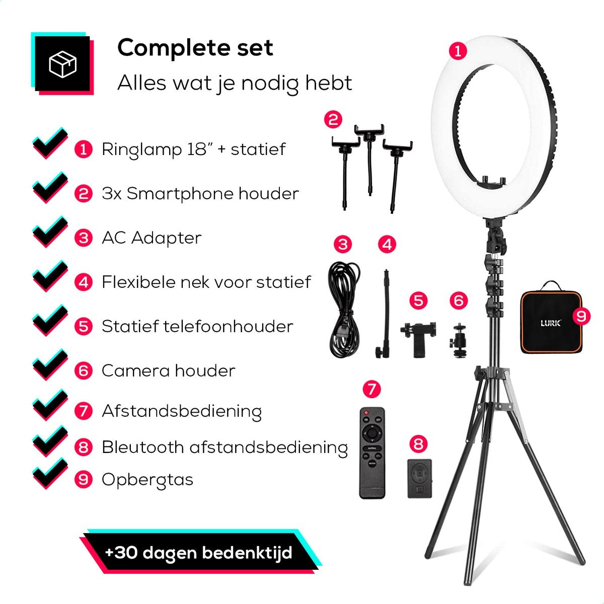 LURK® Ring lamp set PRO 18 inch - Trépied réglable et télécommande - LED - Convient pour smartphone et caméra (d'action)