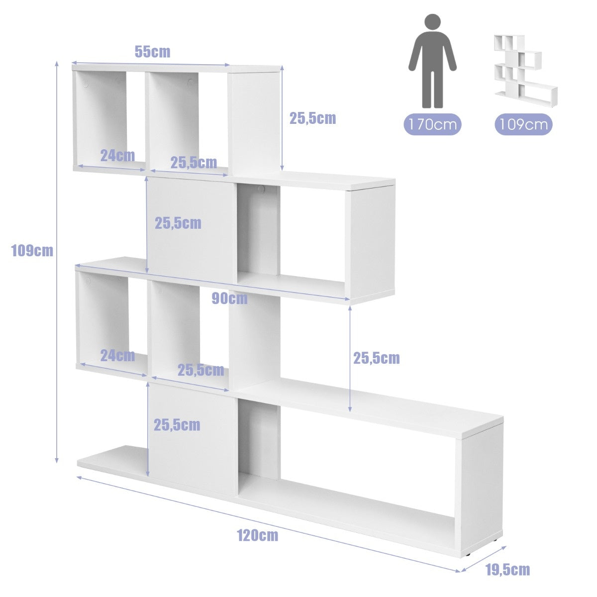 Coast Séparateur moderne à 5 étages en bois style guide pour livres 120 x 19,5 x 109 cm blanc