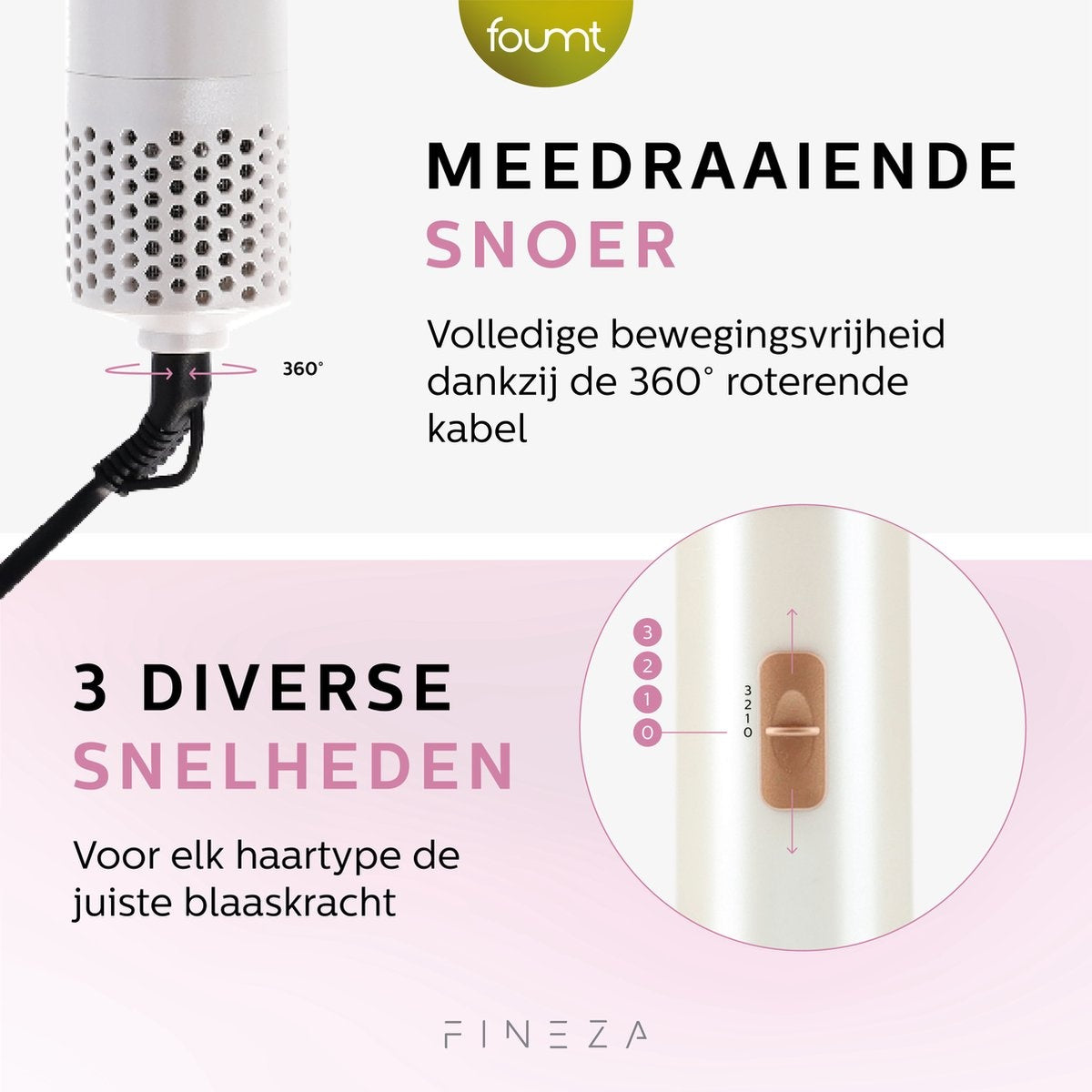 Brosse coiffante 5 en 1, Fineza, 4 Embouts, Blanc/Or Rose