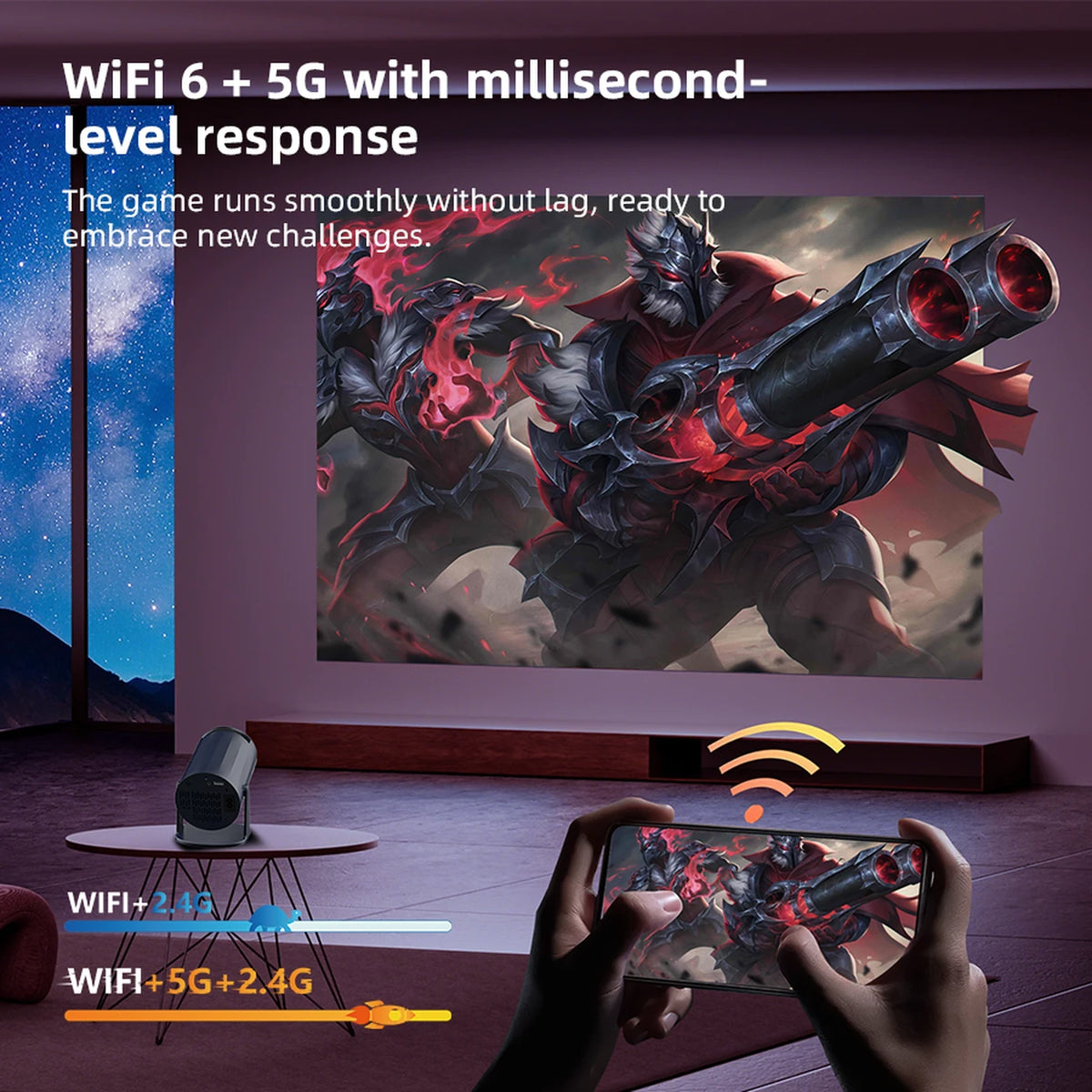 Mini-projecteur portable XBJ - Bleu - Android 11 - Wi-Fi 6 et Bluetooth 5.2 - 200 ANSI - Orientable à 180° - Taille d'image de 40 à 200 pouces - 14 x 11,9 x 21,8 cm