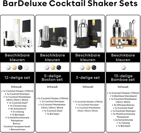 BarDeluxe® Cocktail Set - 12-Piece - Cocktail Shaker 750 ml - Stainless Steel - Includes Luxury Gift Box - Storage Bag & Recipe Book - White