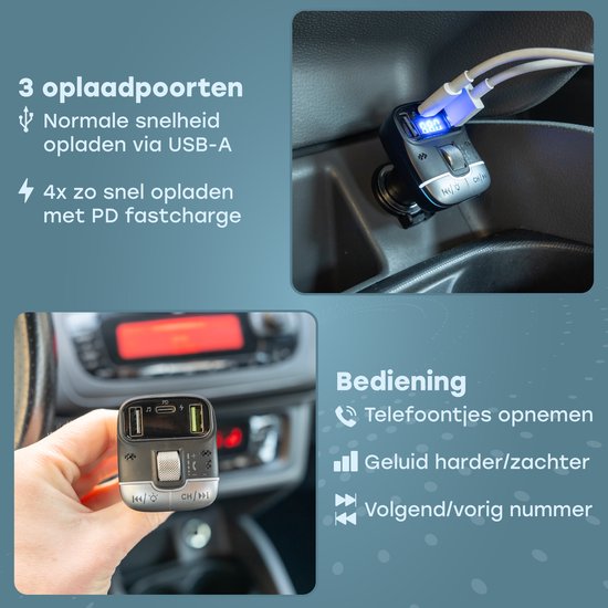 Audyn Bluetooth FM Transmitter - USB-A & USB-C - Récepteur Bluetooth - Chargeur rapide - Chargeur voiture - Carkit - Accessoires voiture - RGB