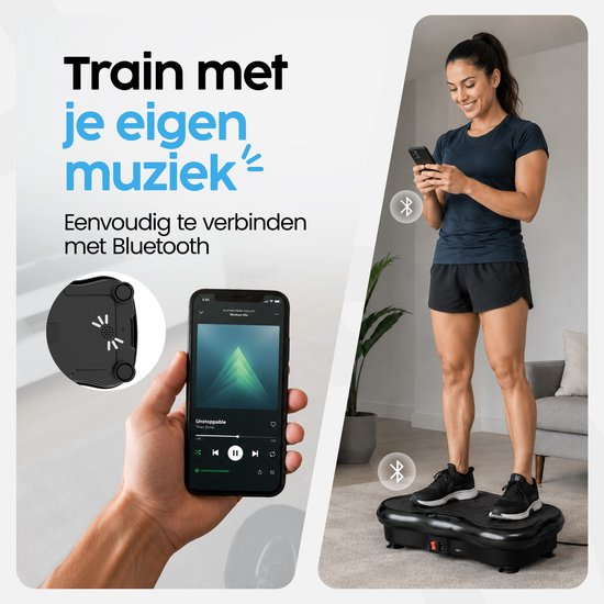 Infinity Goods Plateforme vibrante Premium - Plateforme vibrante de fitness - Bandes de résistance et poignées incluses - Powerplate - 5 programmes d'entraînement - 99 niveaux de vitesse - Musique via Bluetooth - Noir
