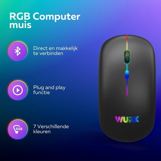 Wurk Wireless RGB Mouse - Rechargeable - Bluetooth 4.0 - 2.4GHz - USB - Sans fil - Souris d'ordinateur - Ordinateur portable - PC - Noir