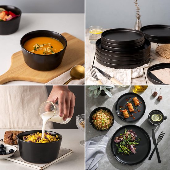 Deleca Service de table 6 personnes - Bols / Assiettes - Faïence solide - Noir mat / 18 pièces