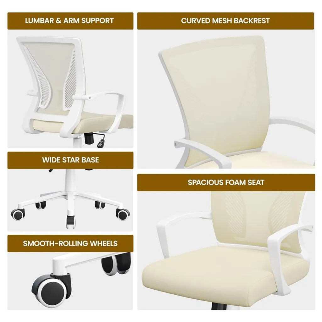 Chaise de bureau ergonomique Yaheetech 60 x 60 x 91-100,5 cm - Beige - Chaise pivotante réglable avec dossier en maille