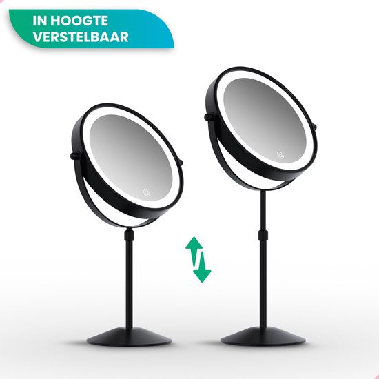 Mirlux Miroir de maquillage avec éclairage LED - lumière grossissante 10x - réglable en hauteur - 3 modes d'éclairage - rechargeable - Miroir grossissant noir
