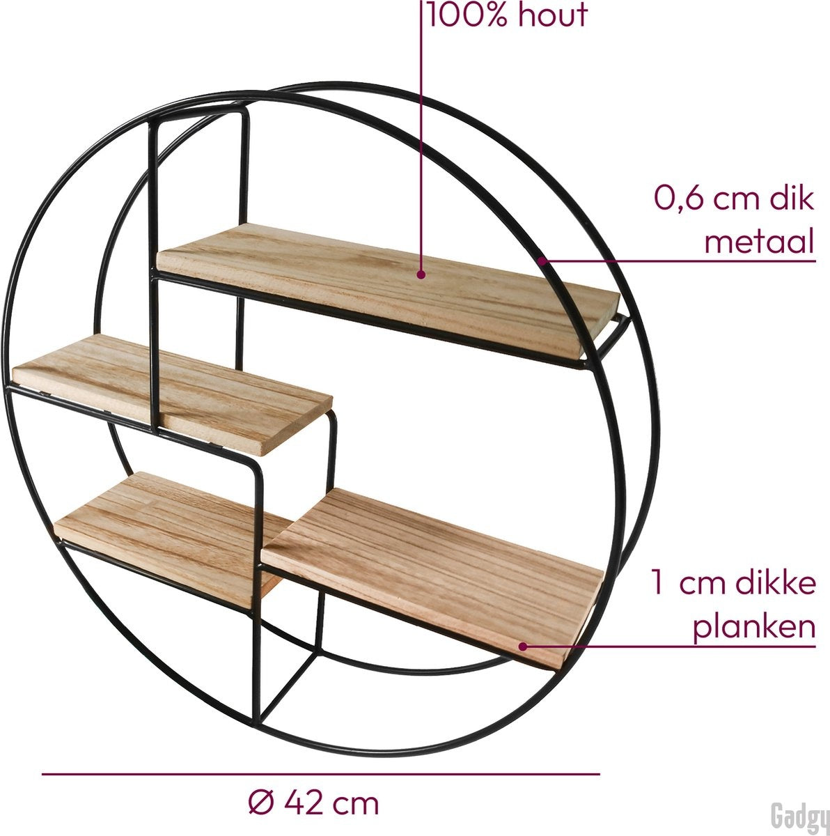 étagère murale - Gadgy - décoration murale salon en bois - Ø 42x10 cm - Métal noir