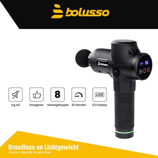 Bolusso Premium Massage Gun - Massage sportif et relaxant - Appareil de massage - 8 embouts - 30 modes - Professionnel - E-book gratuit