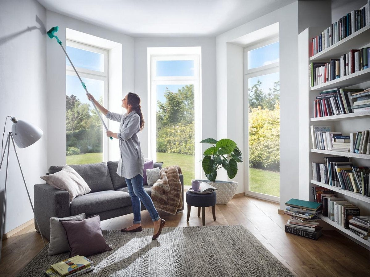 Leifheit manche télescopique en aluminium 130 - 400 cm - avec tête antidérapante - anneau de suspension rotatif à 360° - Click System - turquoise - gris