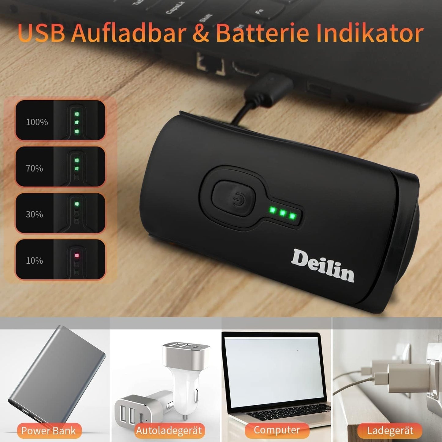 Kit d'éclairage vélo Delin Premium – Doté d'un réglage intelligent de la luminosité, d'un indicateur de batterie et d'un boîtier étanche IPX5 – Pour montage sur guidon et sécurité routière – Polycarbonate noir – 100 lux