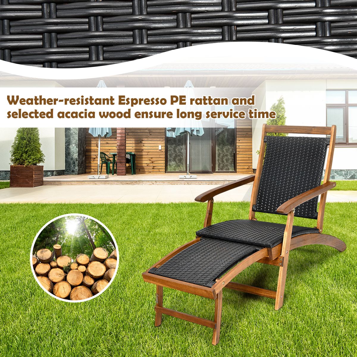Chaise longue de jardin pliable Coast - Dossier ergonomique - Repose-pieds extensible - Mélange de marron et de rouge-brun
