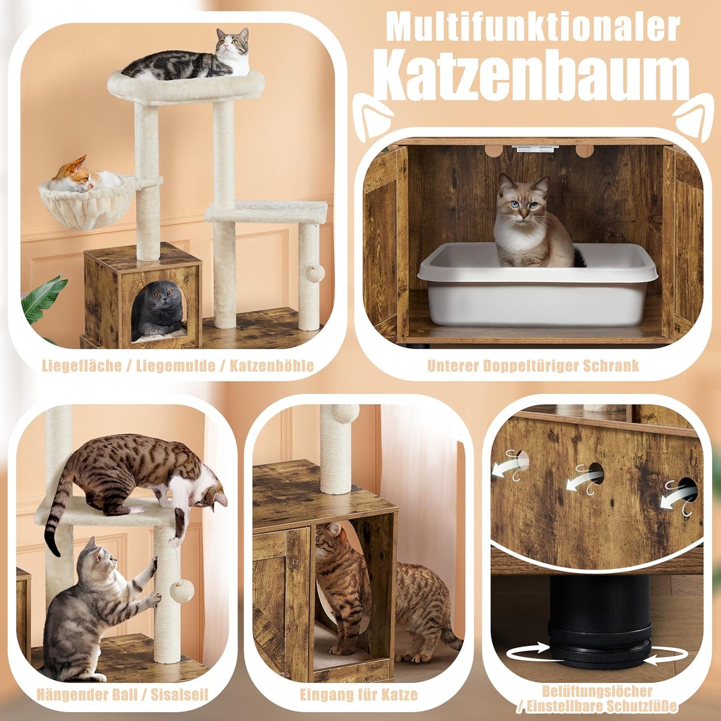 Arbre à chat Yaheetech - 134,5 cm avec bac à litière, cachette et couchette - Marron-beige vintage