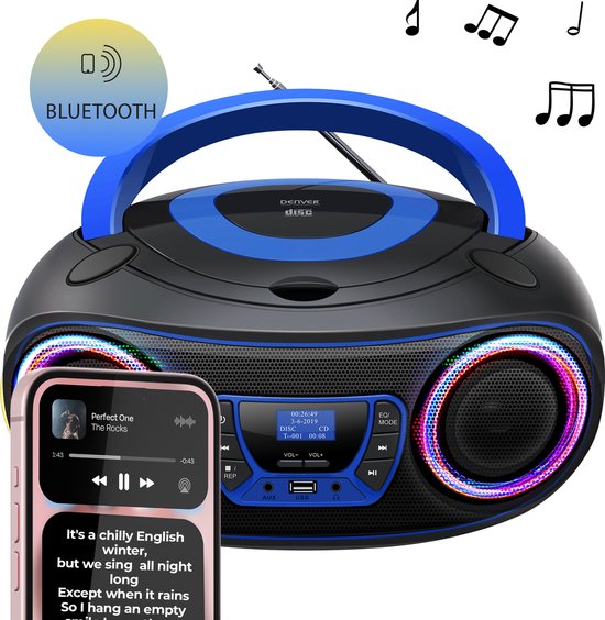 Denver Portable DAB Radio CD Player Kids - Bluetooth - Light Effects - Boombox - AUX - FM - TDB212BLUE