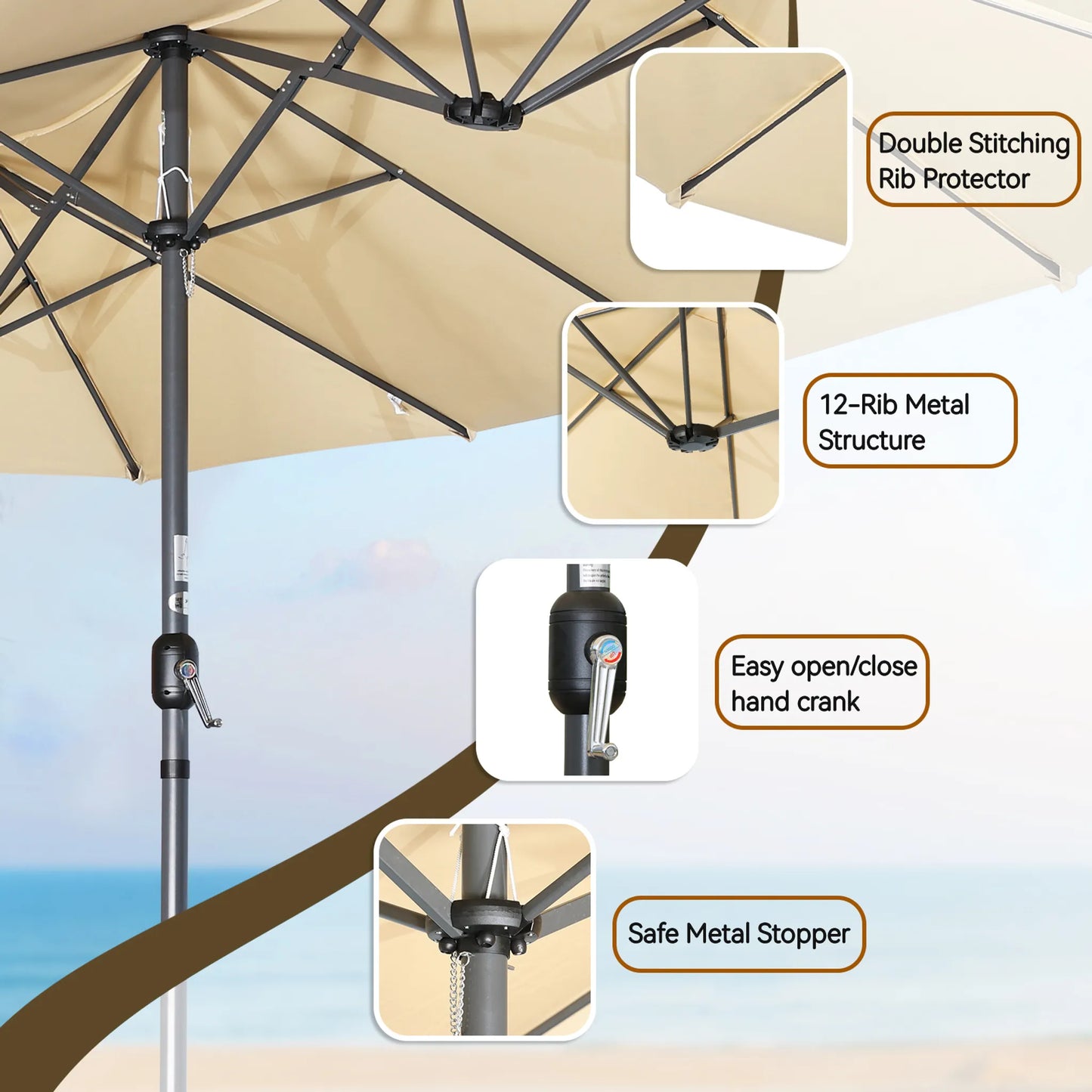 Parasol double Angel Living - 460 x 270 cm - avec manivelle - UPF 50+ - beige