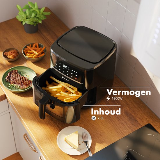 Airfryer XXL - KitchenBrothers - Friteuse - 7.5L - 1800W - Double chauffage - 50ºC à 200ºC - 10 programmes de cuisson - Noir