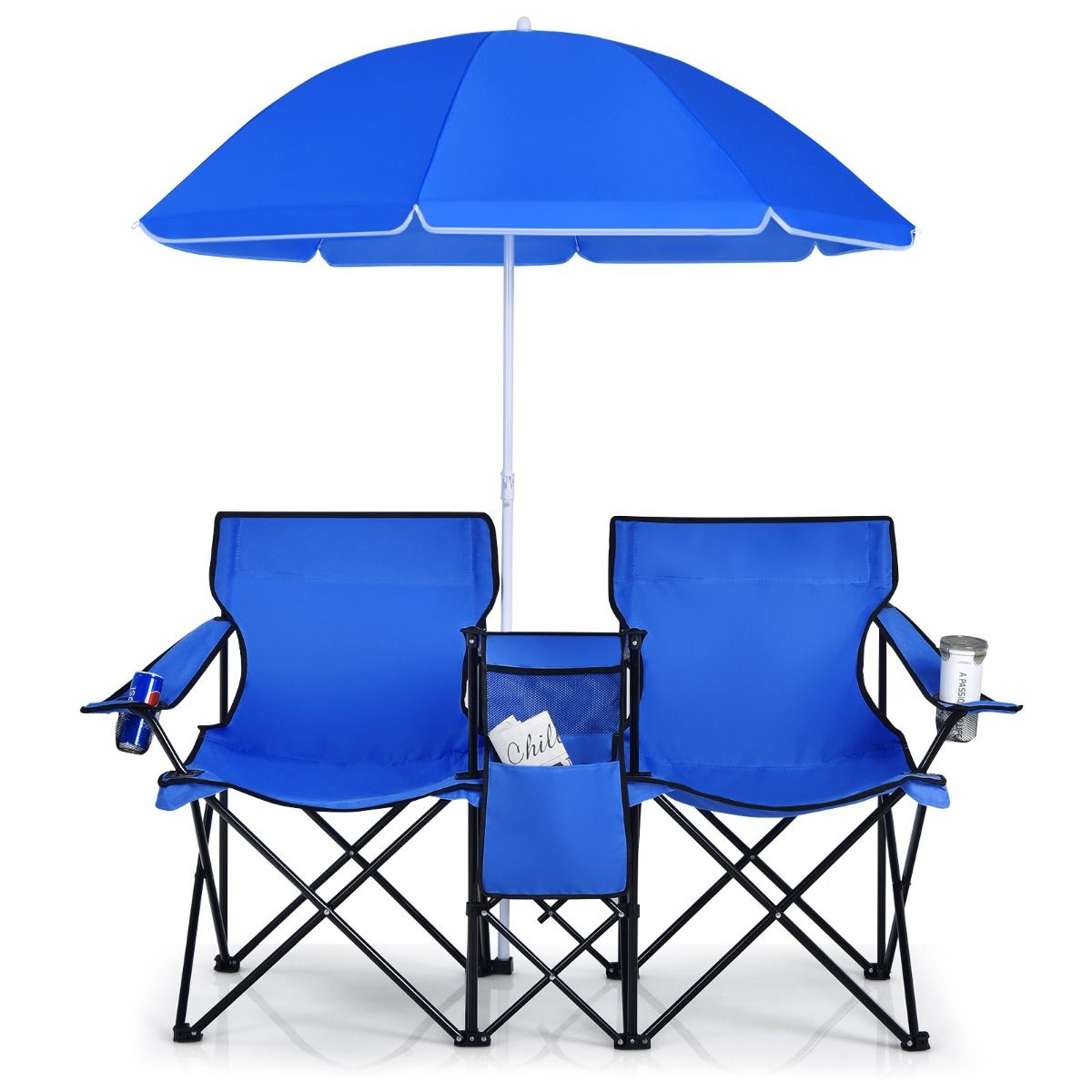 Chaise de camping double pliable Coast, avec parasol, porte-gobelet et sac isotherme, bleu