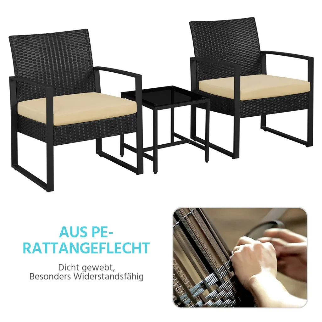 Ensemble de balcon Yaheetech - 3 pièces - 2 chaises/table - polyrotin - noir/kaki