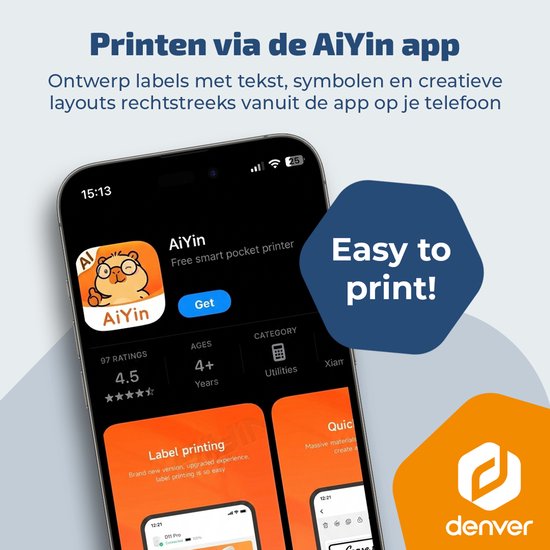 Imprimante d'étiquettes Denver - Bluetooth - Connexion à un smartphone - 15 x 40 mm - 4 rouleaux d'étiquettes inclus - MBP16