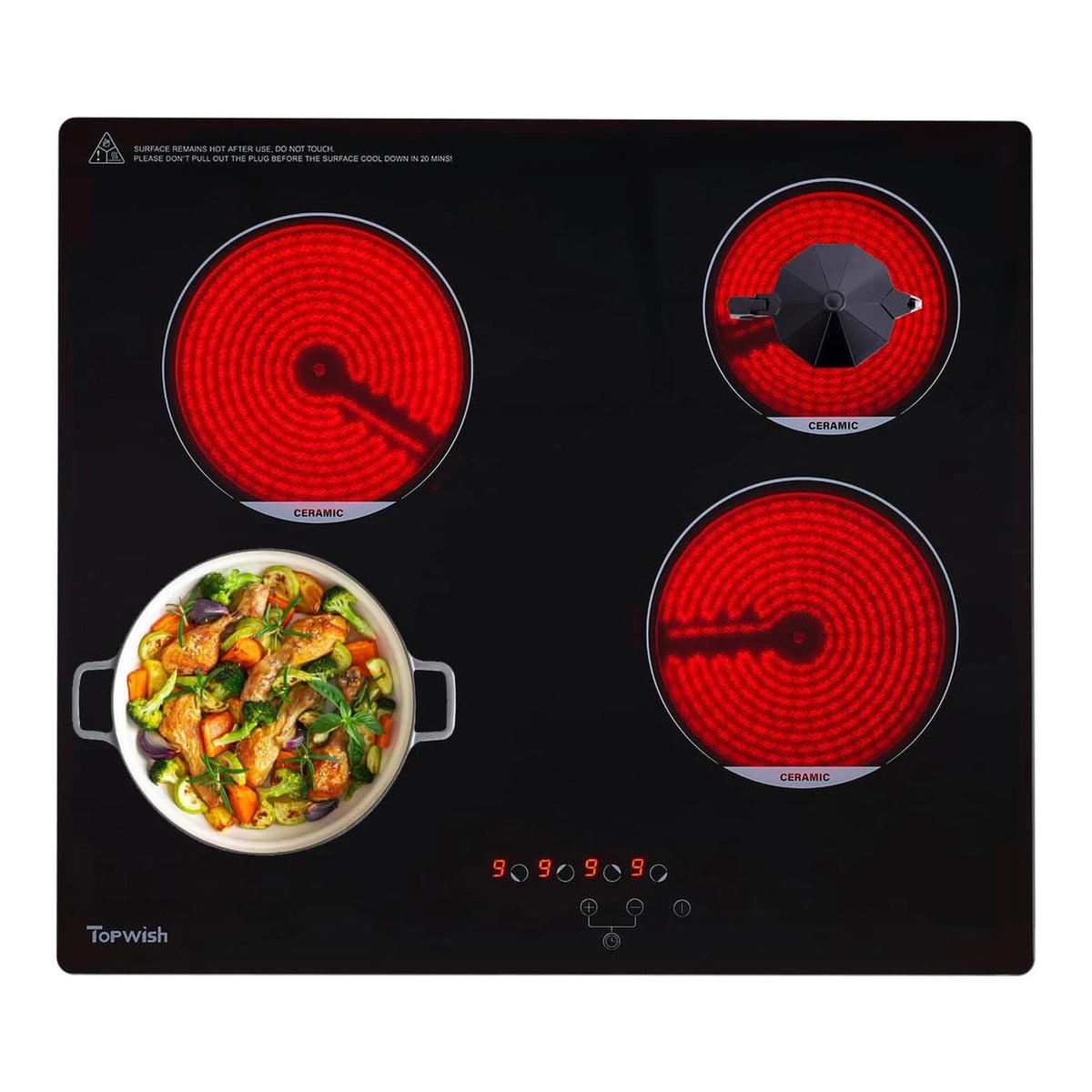 Plaque de cuisson encastrable en céramique Topwish 4 zones - 60 cm - 6 600 W - Commande tactile - Sécurité enfants