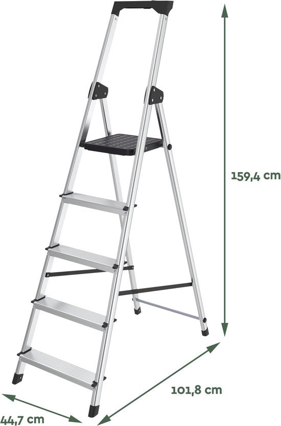 BRASQ Household Ladder 5-Step Silver - Échelle de cuisine pliable en aluminium pour usage privé et professionnel - Échelle - Antidérapante
