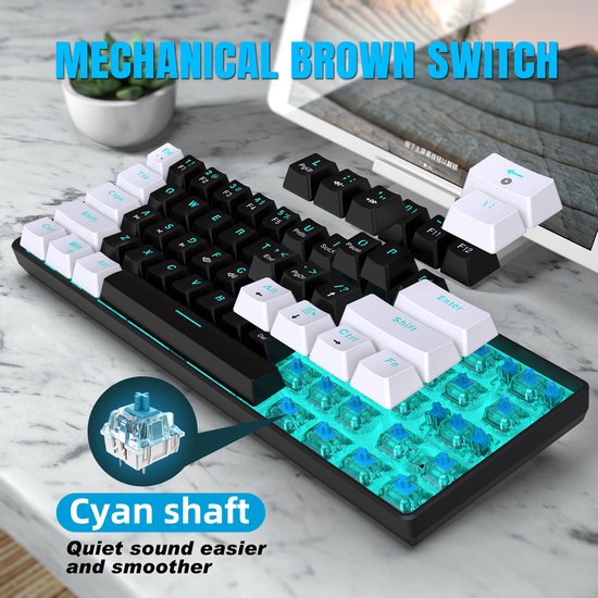 HXSJ V900 - Clavier de jeu filaire - mécanique - RVB - commutateur bleu - 61 touches - claviers QWERTY - noir blanc
