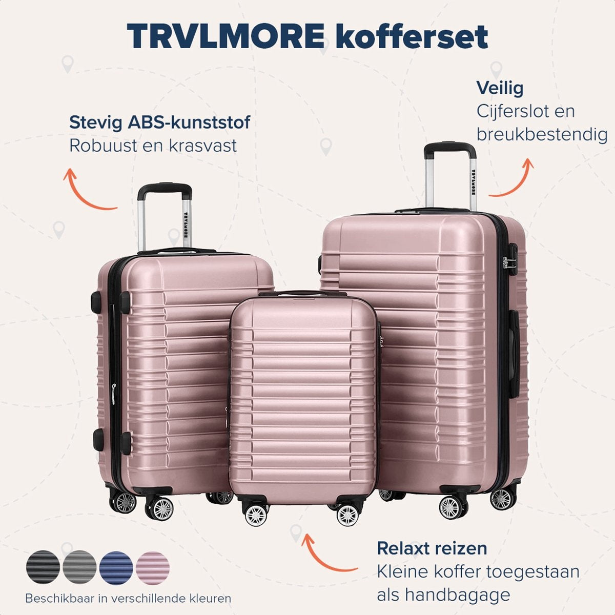 TRVLMORE Set de valises - 3 pièces - 38L (bagage à main) + 70L + 110L - Rose Gold
