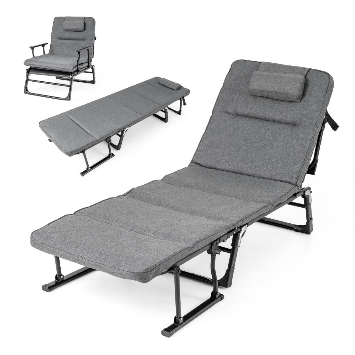 Lit de camping Coast 3-en-1 : lit de camp et chaise longue pliables - 6 positions - Gris et noir