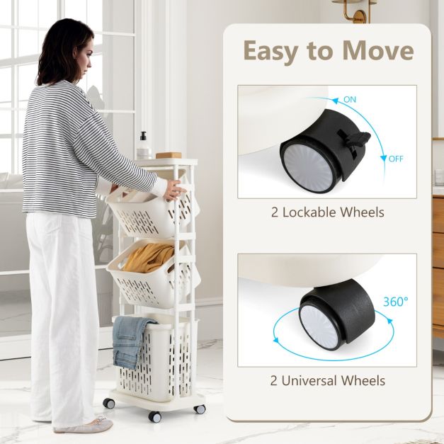 Coast Panier à linge avec 3 paniers - blanc - PP + Métal - Max.35 kg - 40x30x112 cm