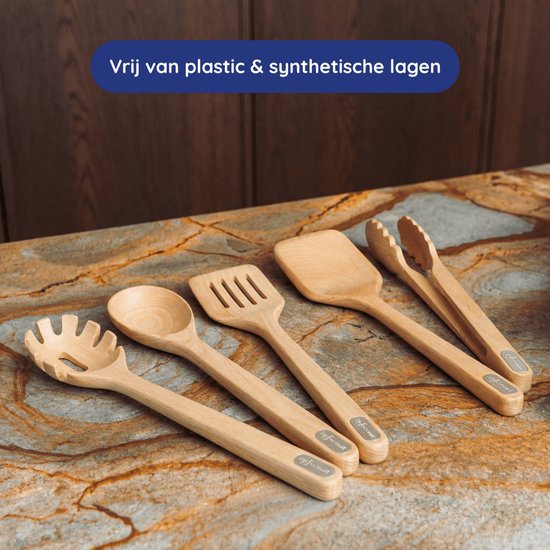 Safecourt Kitchen Set de 5 spatules en bois [100% sans microplastiques] - Bois de bouleau certifié FSC
