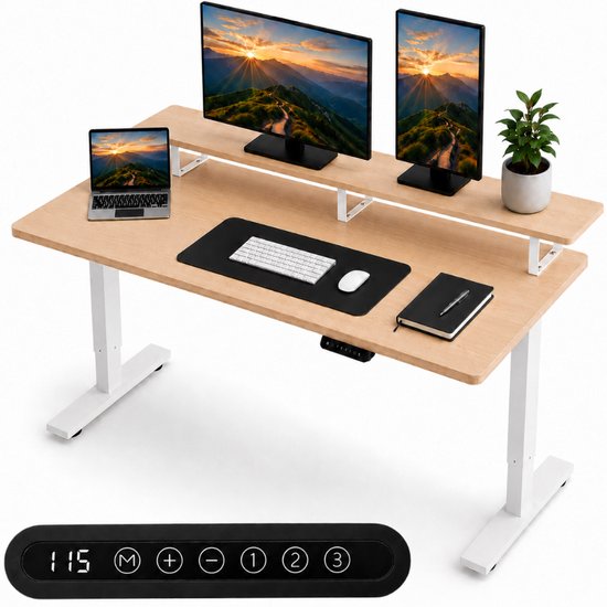 Bureau assis-debout Organess - Réglable électriquement - 120 x 60 cm avec rehausse - Fonction mémoire - Système anti-collision - Hauteur réglable