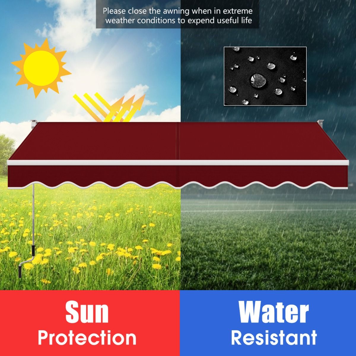 Coast Parasol manuel extensible 295x250 cm - Rouge - Structure en aluminium - Angle réglable 40°-100° - Sans perçage